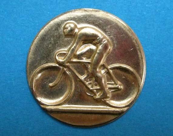 Vintage Bicycle Racer, Bike Champ Medallion, Gold Tone Metal Badge of Honor