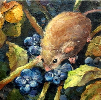 mouse berries painting Treasury Item  harvest mouse in blueberries ooak hp original canvas painting free USA shipping