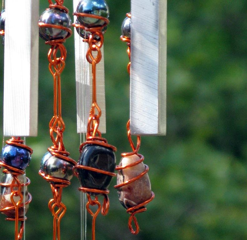 Sardonyx (August Birthstone) Windchime with Recycled Aluminum and Copper Wire Wrapped Iridescent Black Glass Marble Prisms