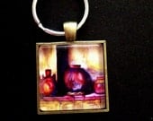 Key Chain Charm pottery mexican indian cactusl black square glass antique brass  reflection mini print keys car house home