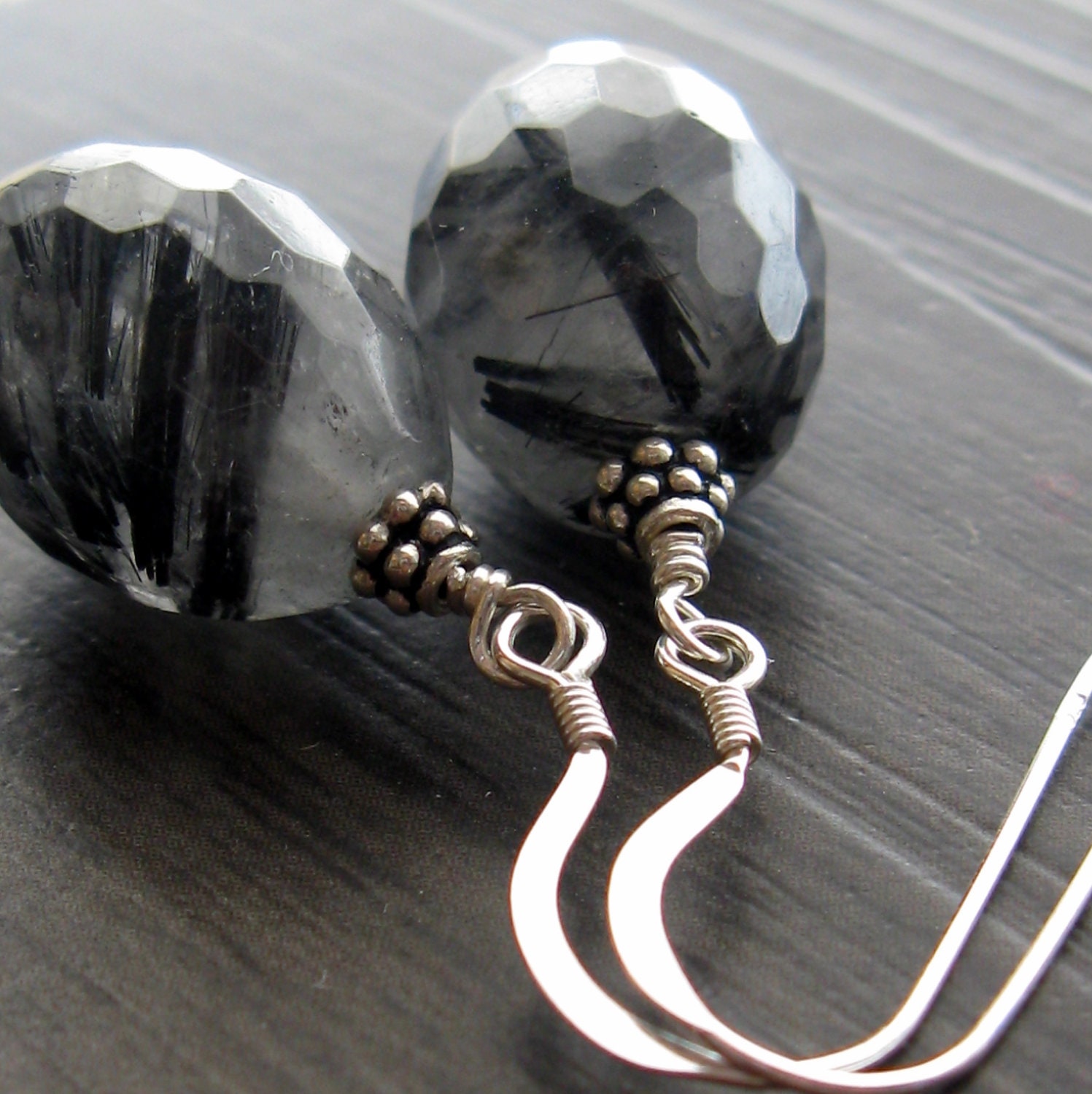 Sterling Silver and Rutilated quartz earrings - black and white earrings - sterling silver earrings