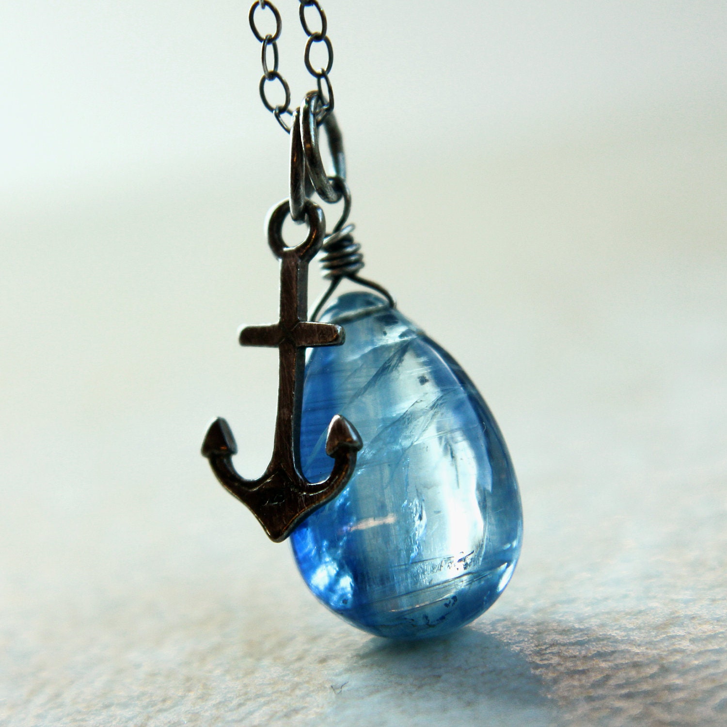 Kyanite Necklace -    Oxidized  - Sterling silver  - Anchor -  Charm Necklace  -  Blue Kyanite  - Gemstone  Necklace  -  Handmade Jewelry