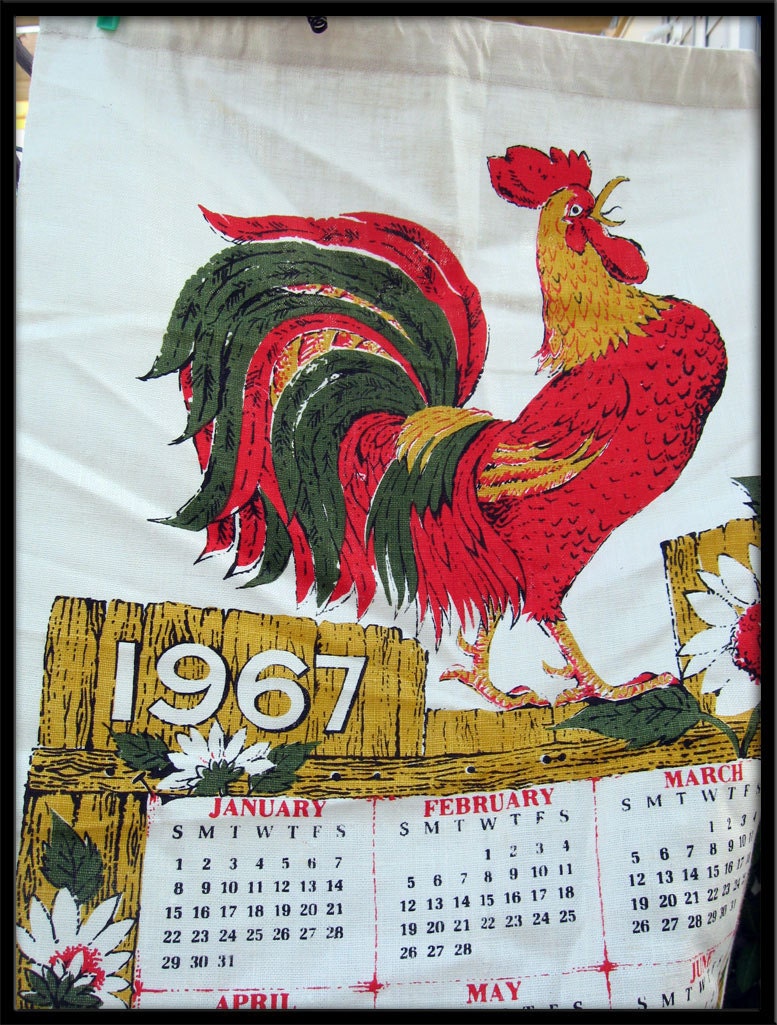 Vintage textile kitchen 1960s Rooster 1967 Linen Tea Towel deadstock cloth calendar linen tea towel hand print