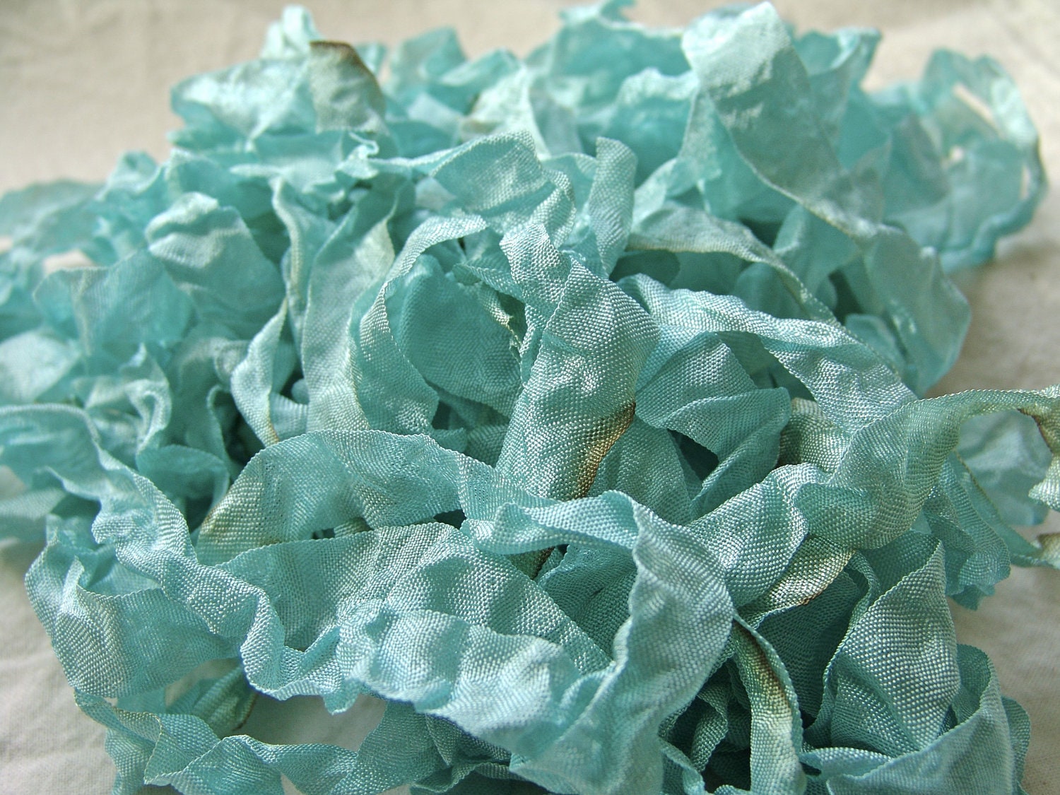 Shabby Chic Aqua wrinkled ribbon coffee stained crinkled seam binding