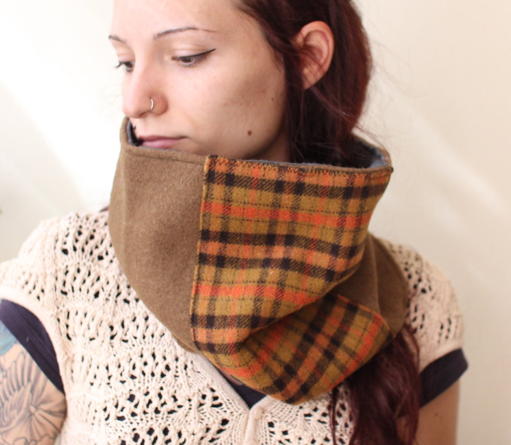 unisex cowl fall fashion wool and plaid double thickness