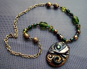 Polymer clay Pendant on Beaded Necklace Autumn Gold and Green