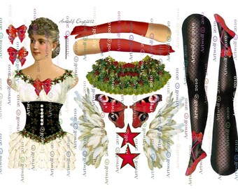 HOLLY DIGITAL PAPER DoLL Fairy Angel  Altered art  Vintage Ballerina Wings Download Christmas  Papercrafts  Scrapbooking Cardmaking