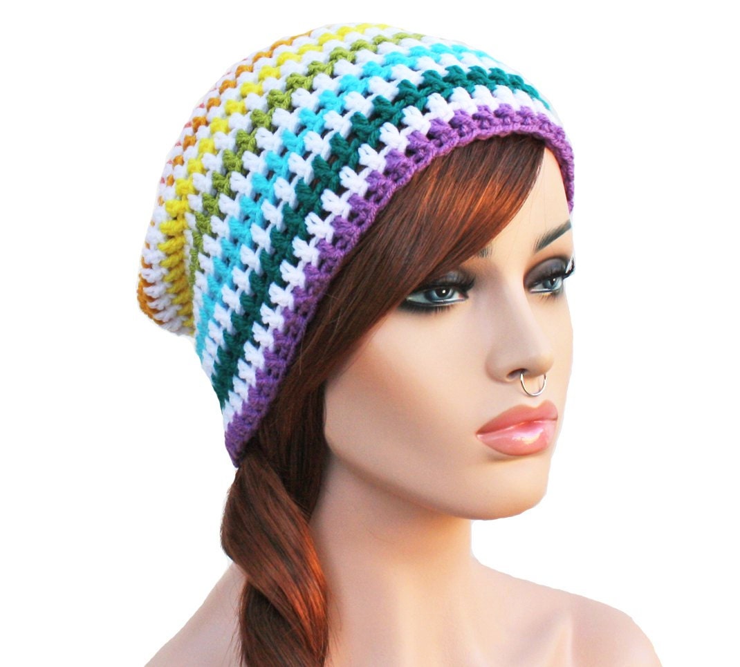 Crochet Slouch Rainbow Beanie- Ultimate Slacker Striped Beanie Hat- Pride