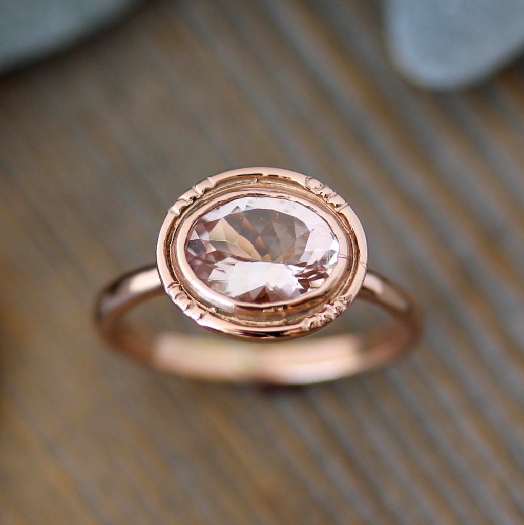 14k Rose Gold and Morganite Oval Halo Ring, Vintage Inspired Milgrain Detail, Made To Order