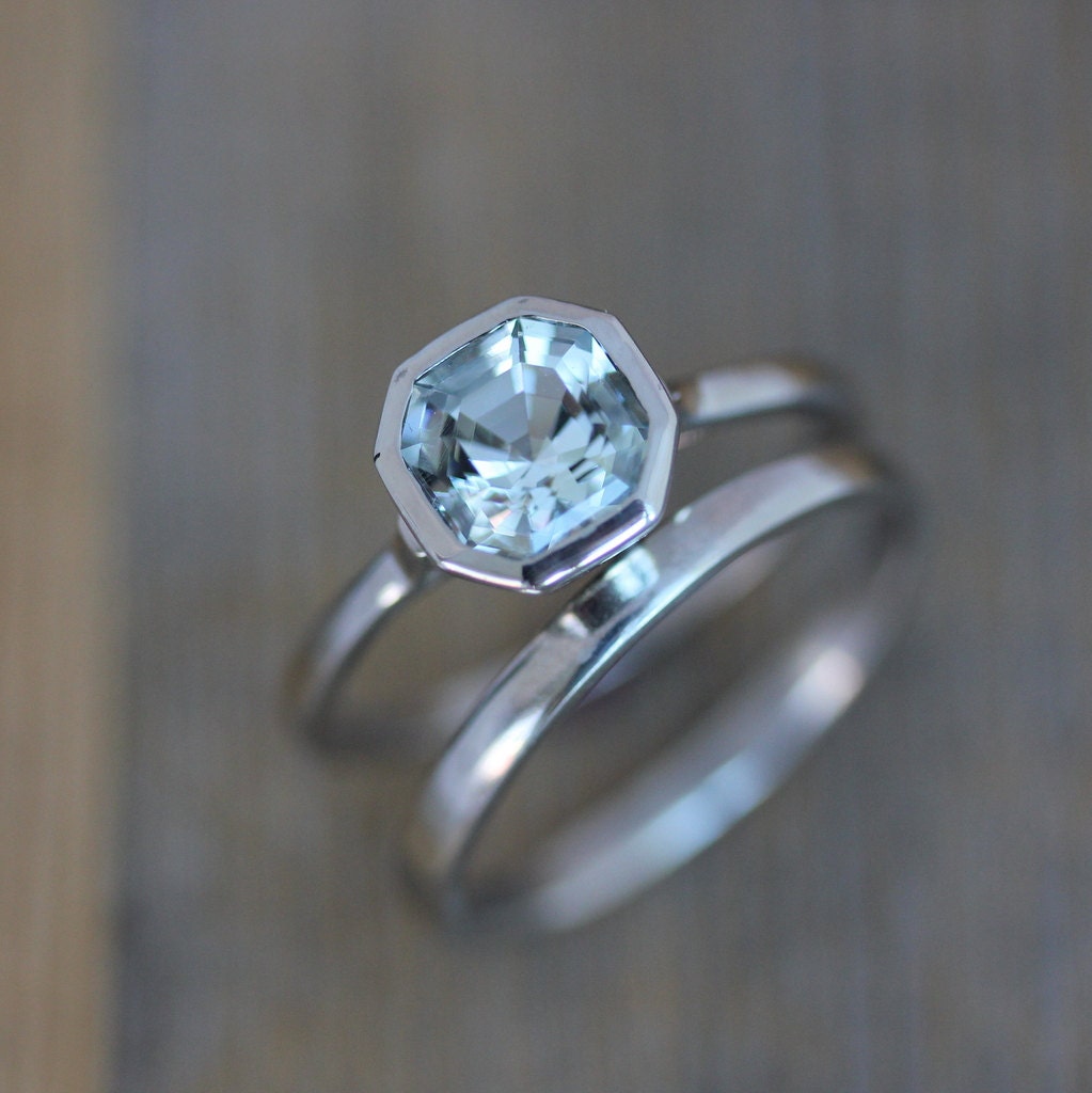 Asscher Cut Aquamarine Gemstone Ring in 14k Palladium White Gold Ring, Made To Order Handmade Engagement Ring