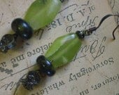 Morella - olive jade and serpentine antiqued gold earrings