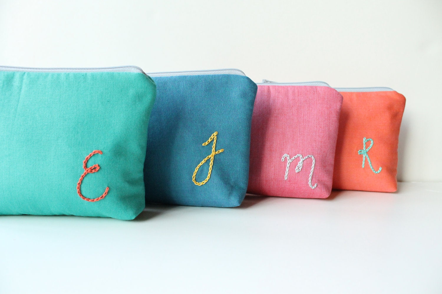 Personalized Bridesmaid Gift, Monogrammed Cosmetic Bag, Bridesmaid Clutch, Set of 4, Make Up Bag, Aqua Blue Coral Pink