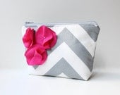 Cosmetic Bag Zipper Pouch with Flower - Gray Chevron and Pink Make Up Bag