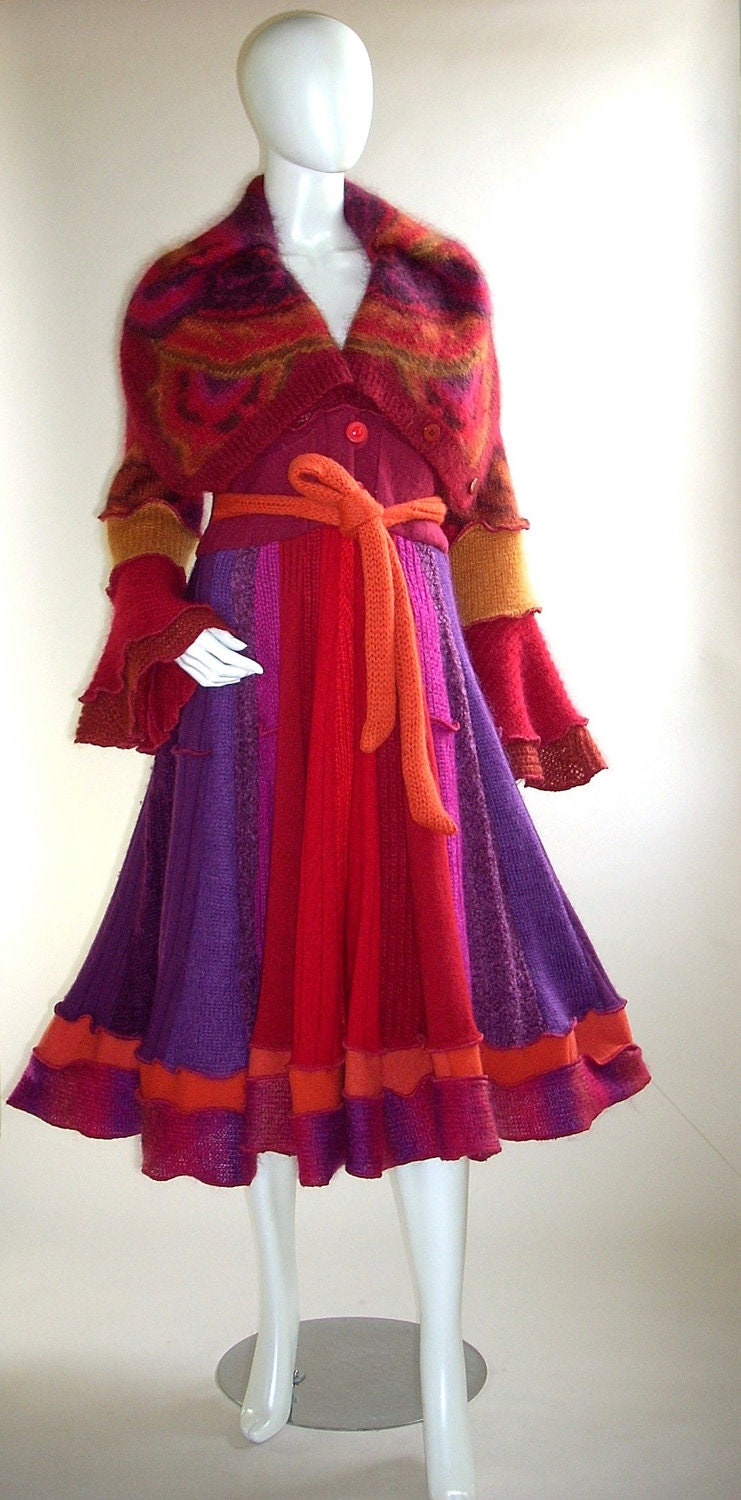Magenta, Red and Purple Sweater Coat, Marilyn Style with Cowl Collar, Size Medium (10-12)