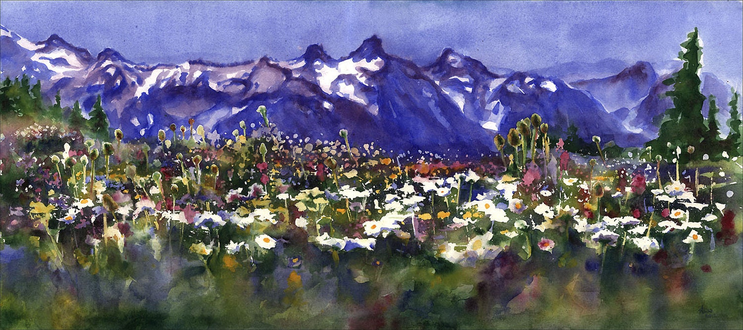 watercolor field of wildfowers painting print - mountains watercolor - Mt Rainier