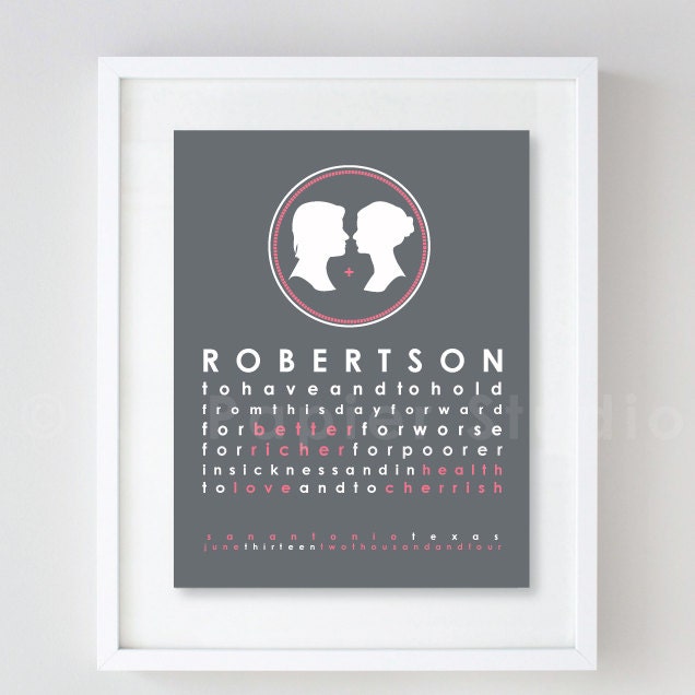 Wedding Typography Art Print - Wedding Vows, Bride and Groom Silhouette, Important Dates, Anniversary Gift, Unframed 8x10