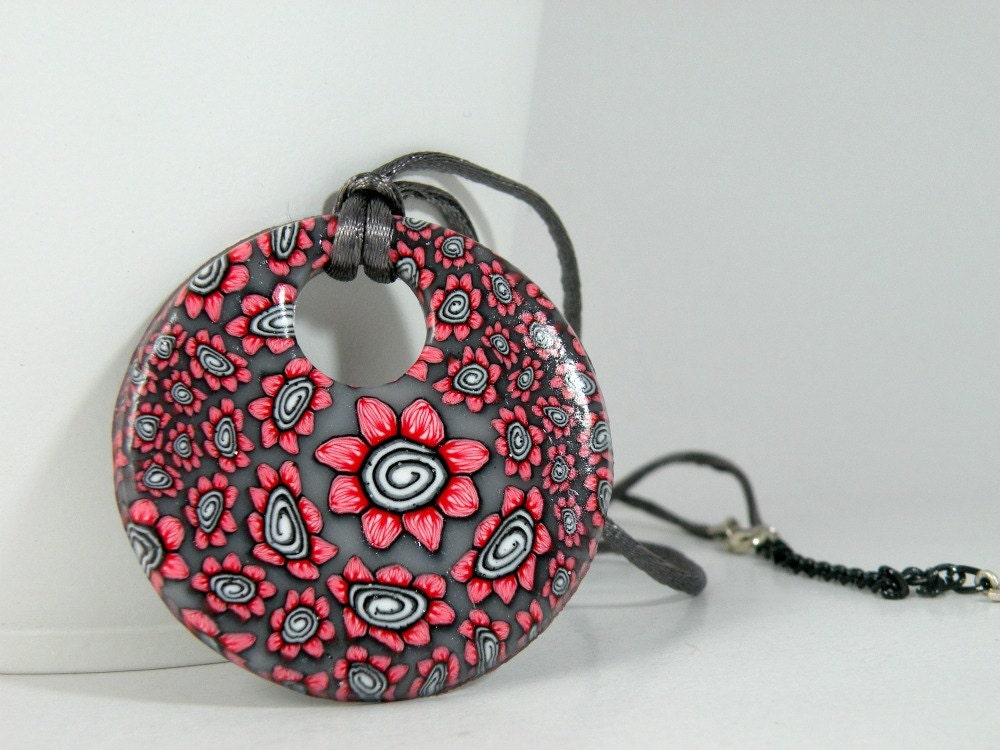 Red, Grey, Black and White Petite Flowers Round Pendant...