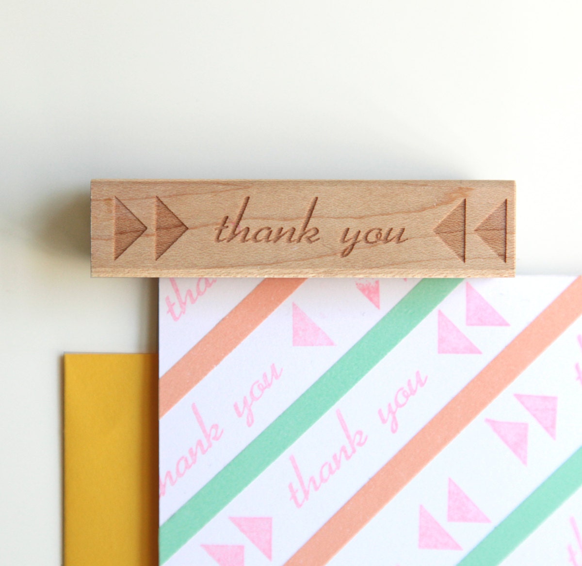 Thank You Rubber Stamp, Original Typographic Triangles Design (Wood Mounted)