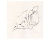 Original Life Drawing Gesture Sketch Female Nude Figure - Karin Leaning on Beach Ball