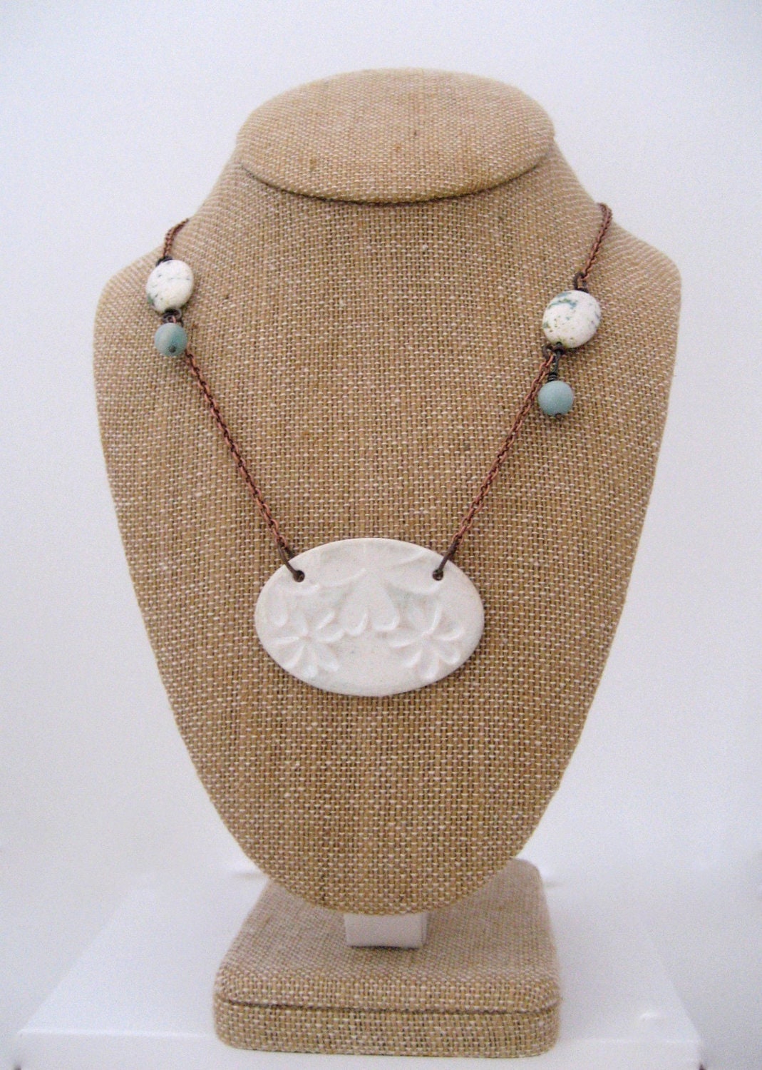Asymmetrical Earth Daisy Necklace Ceramic Copper and Green Amazonite Stone
