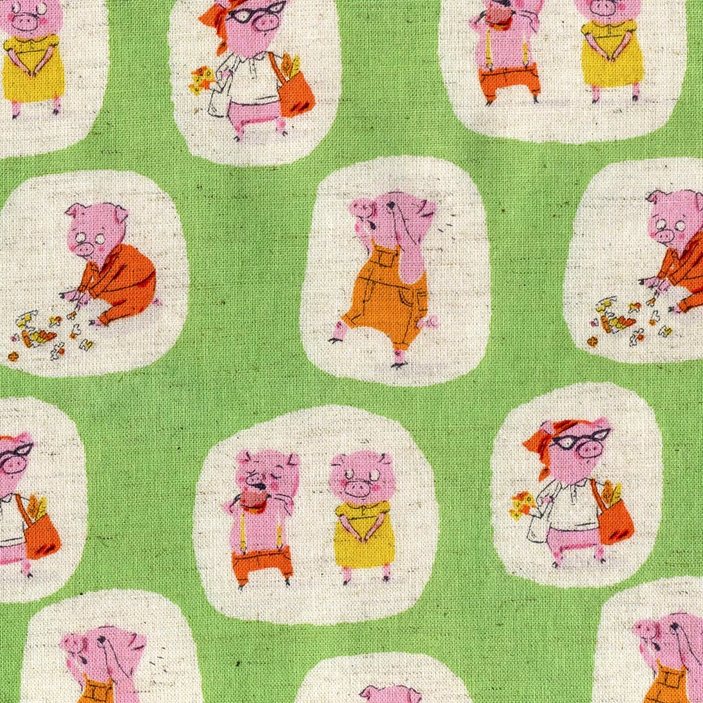Nursery Versery---Piggies in Green-1 yard--Heather Ross for Kokka Fabrics