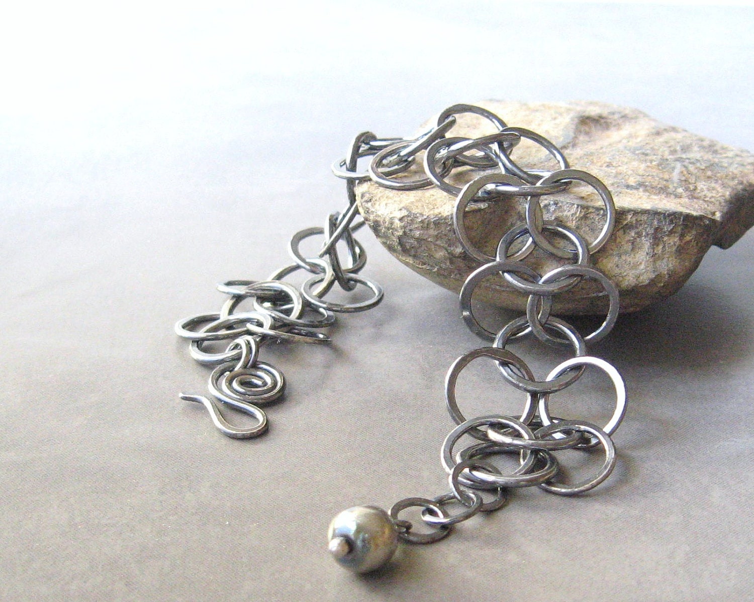 metalwork fine silver bracelet, rustic oxidized torch fused silver bracelet
