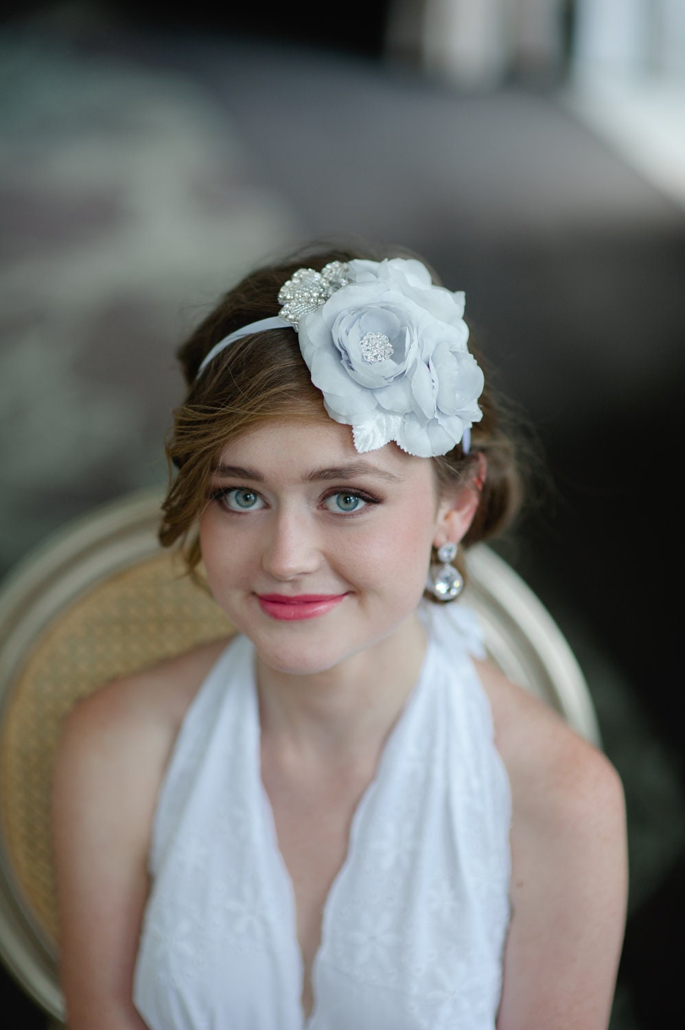 Handmade Silk Habotai Bridal Mini Hat by Fine & Fleurie in Pale Silvery Grey with Swarovski Rhinestones