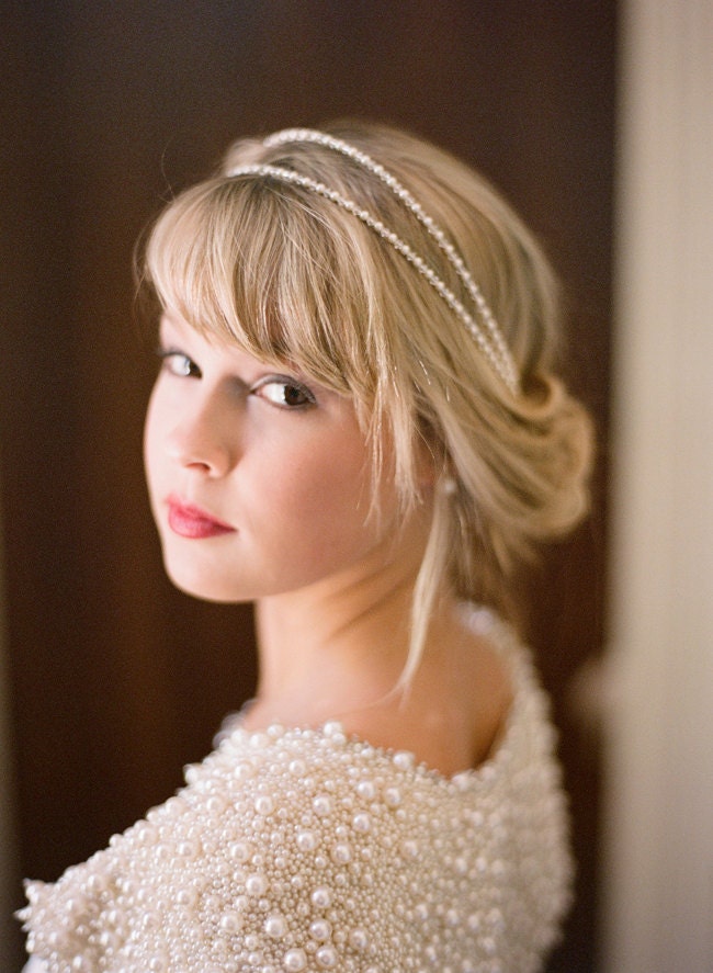 Double Strand Swarovski Pearl and Crystal Headband Tiara PETITE Version in Ivory or White