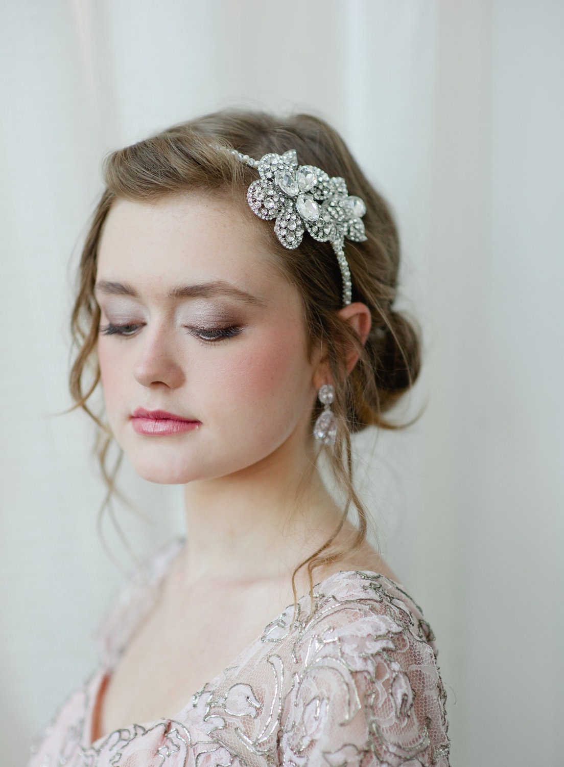 Bridal Headband with Rhinestone Flower and Swarovski Pearls and Crystals by Fine & Fleurie