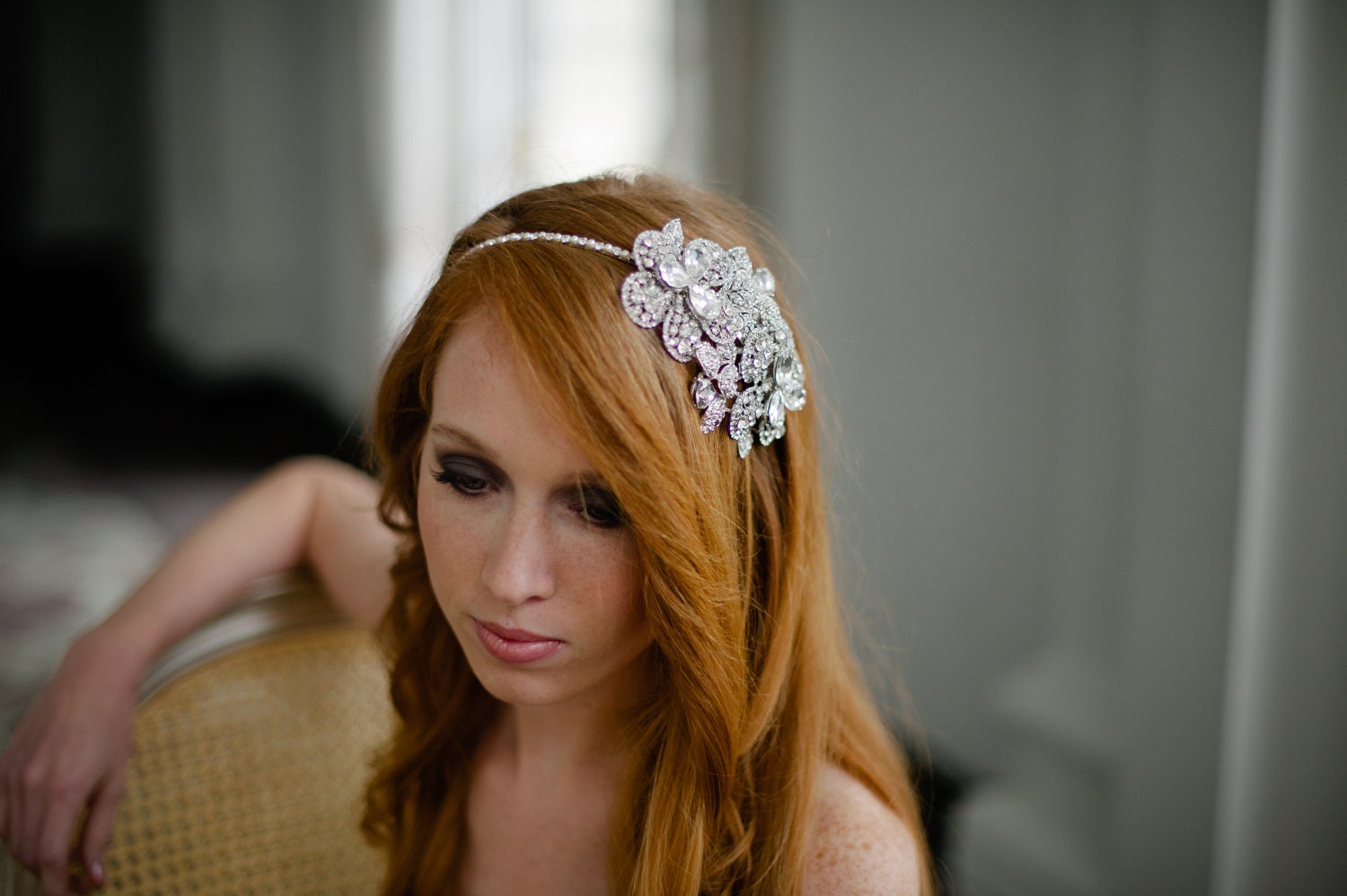 Dramatic Bridal Headband with Swarovski Rhinestone Flowers and Pearls by Fine & Fleurie
