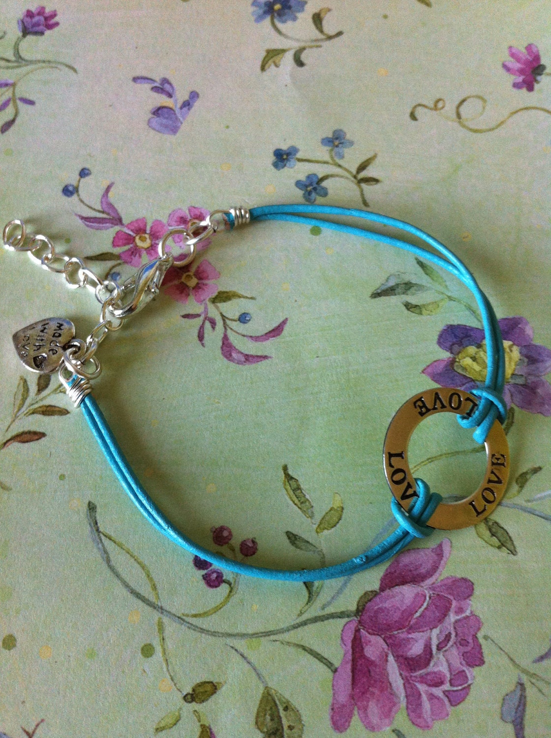 Turquoise Leather Silver Love Link Bracelet