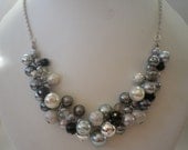 Grey Silver Black  Smokey and Ivory Cluster Necklace and Earrings
