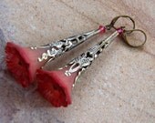 Hand Dyed Pink Salmon Matt Frosted Lucite Trumpet Floral Earrings, Floral Dangle Earrings,  Gift for Her for Under 20
