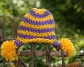 LSU Inspired Bright Yellow and Purple stripe ear flap pom pom knit hat-Newborn to 12 Month sizes-Photography Prop/LSU Fans-Made to Order