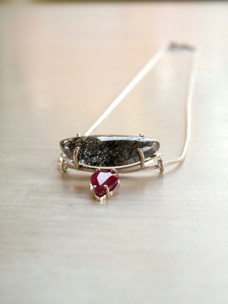 Tourmalinated Quartz Necklace with Ruby, Black Rutilated Quartz Necklace, Sterling Silver Gemstone Necklace, OOAK