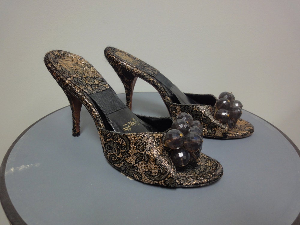 50s Brocade Boudoir Mules, Spring-O-Lator Black, Metallic Gold Slippers, Big Bead Cluster, 7 1/2