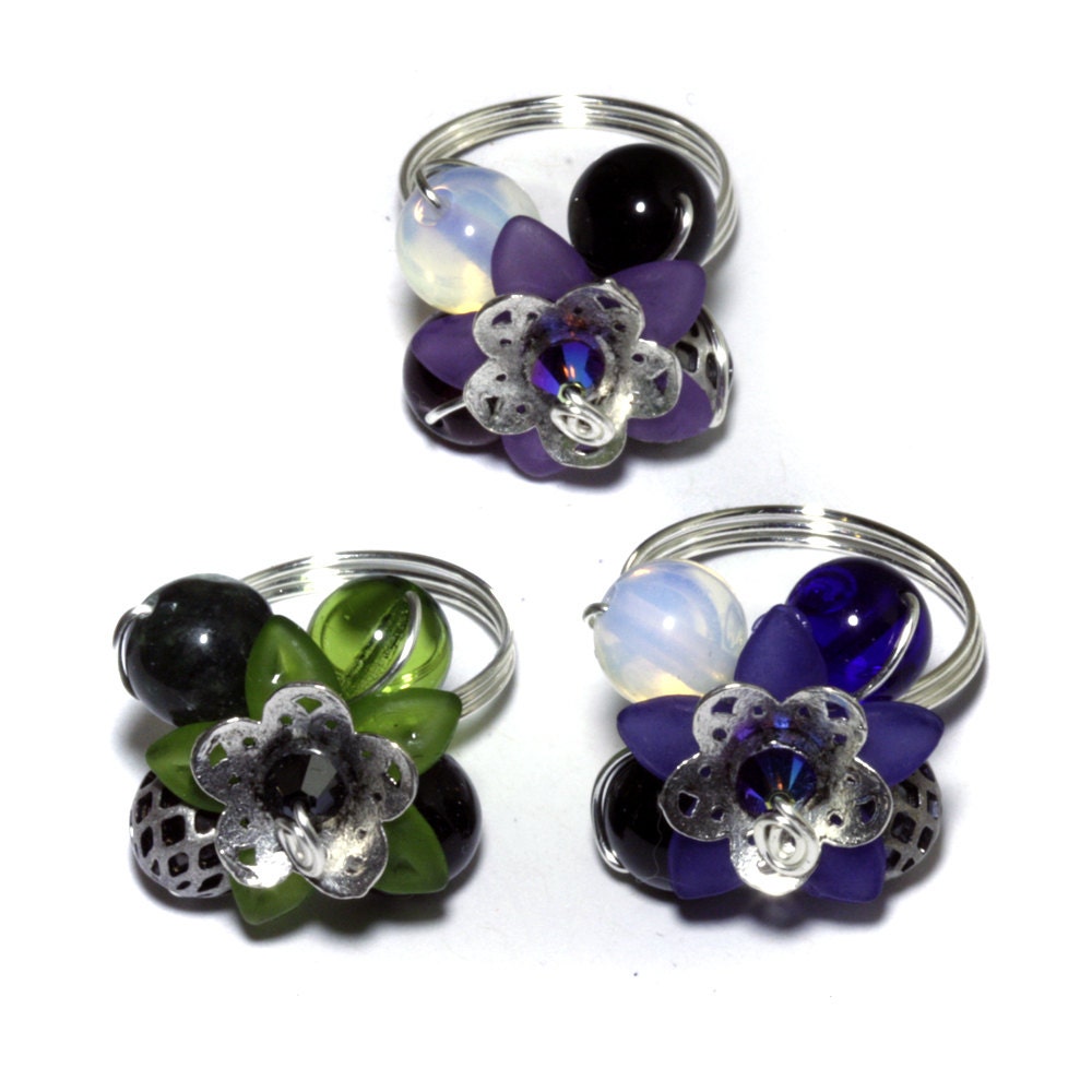 3 Flower rings bundle - Purple Green Blue (Custom size available - see description)