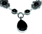 Steampunk Victorian Jewelry - Necklace - Jet Black Pear Shape Faceted Supreme Quality Diamond Cut Glass Gem Stone Jewel - Silver tone
