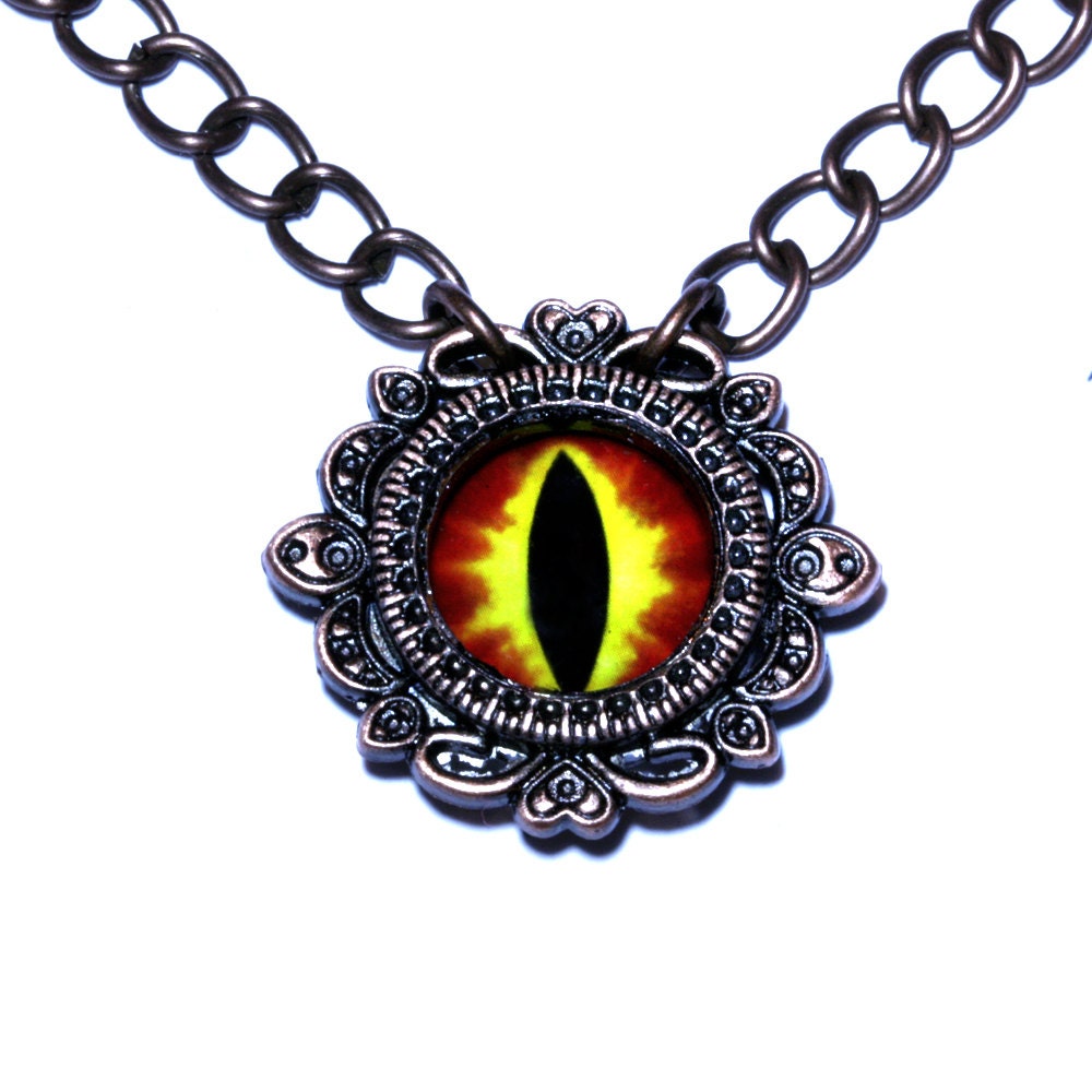 Neo Victorian Jewelry - Red Fire Dragon Eye Necklace - Copper Tone