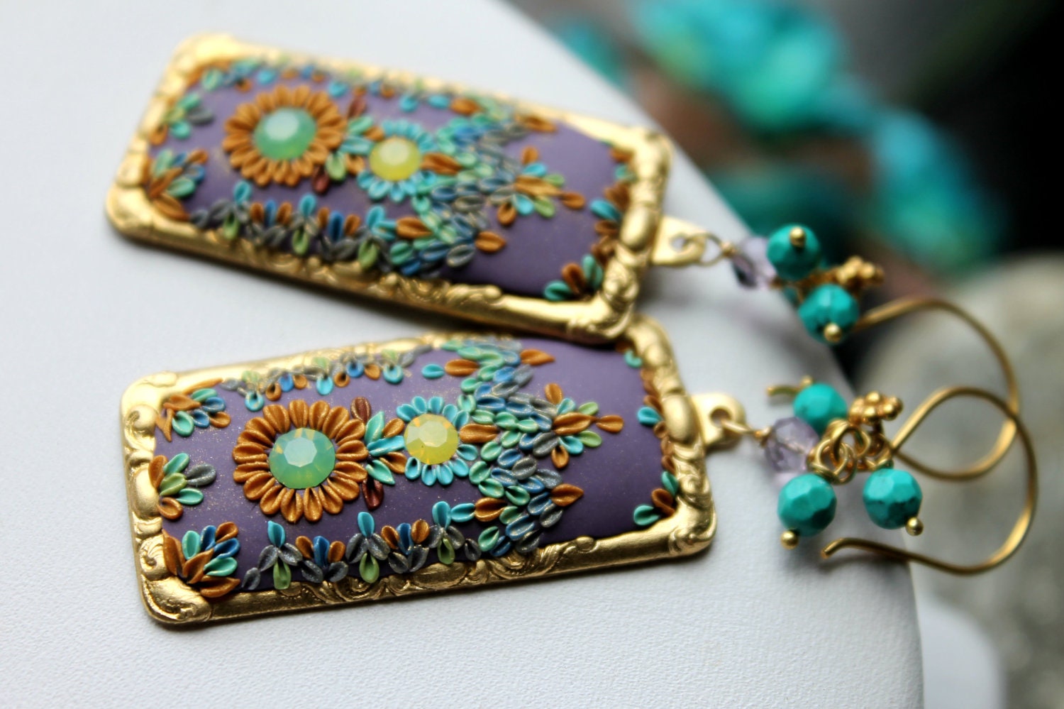 Lavender Lilac Periwinkle and shades of blue clay floral gold earrings -Vintage Brass ornate earrings -  Warm Summer Sunshine