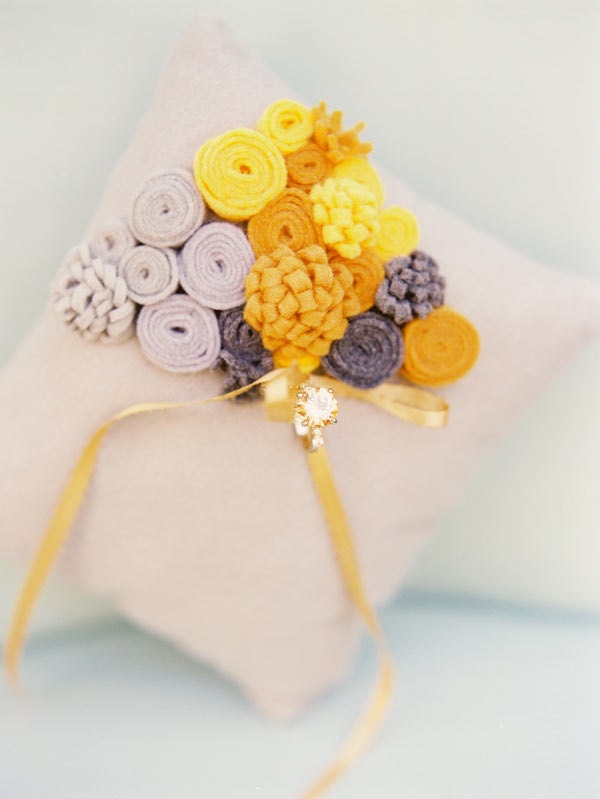 Wedding - rolled rose and mum ring pillow,  choose your colors, felt