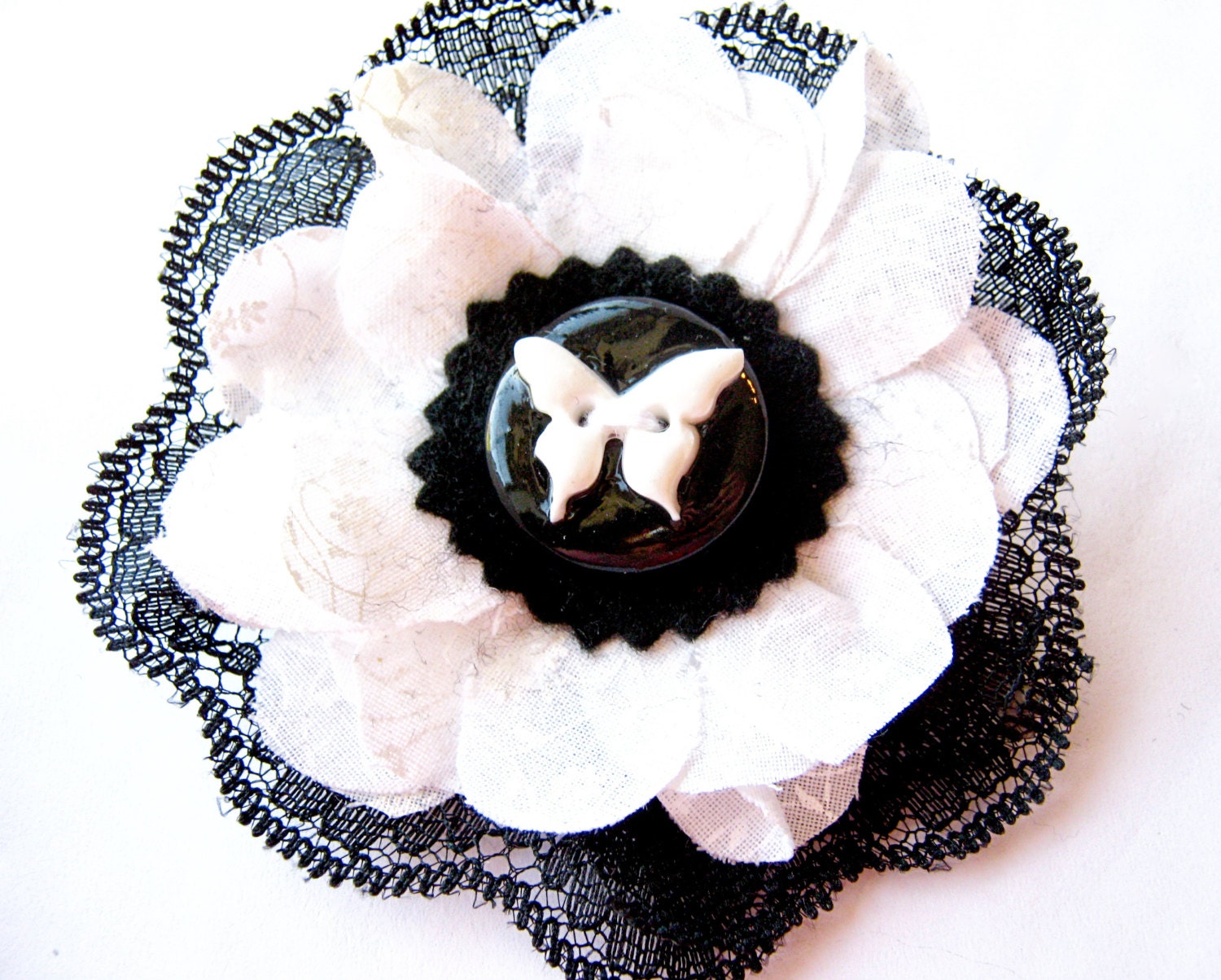 Black & White Butterfly- Lace/Fabric Flower- Hair Clip with custom handmade button