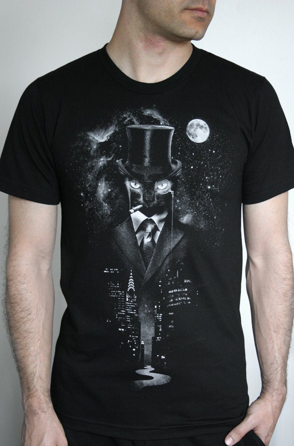 Night Watch - American Apparel Mens / Unisex T shirt ( Space, Galaxy, Cat print clothing, Surreal t shirt )