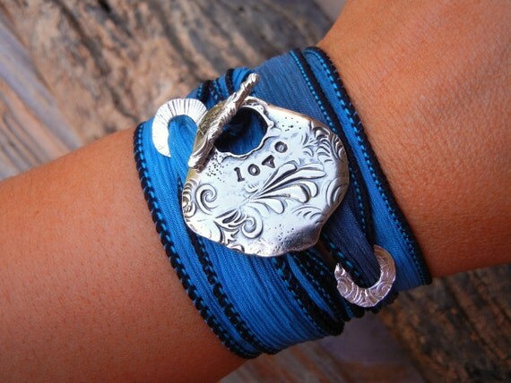Handstamped Love Jewelry, STERLING SILVER Silk Ribbon Bracelet, Wrist Wrap, Yoga Jewelry Ribbon Bracelet, Hand Dyed Silk Ribbon, Any Color