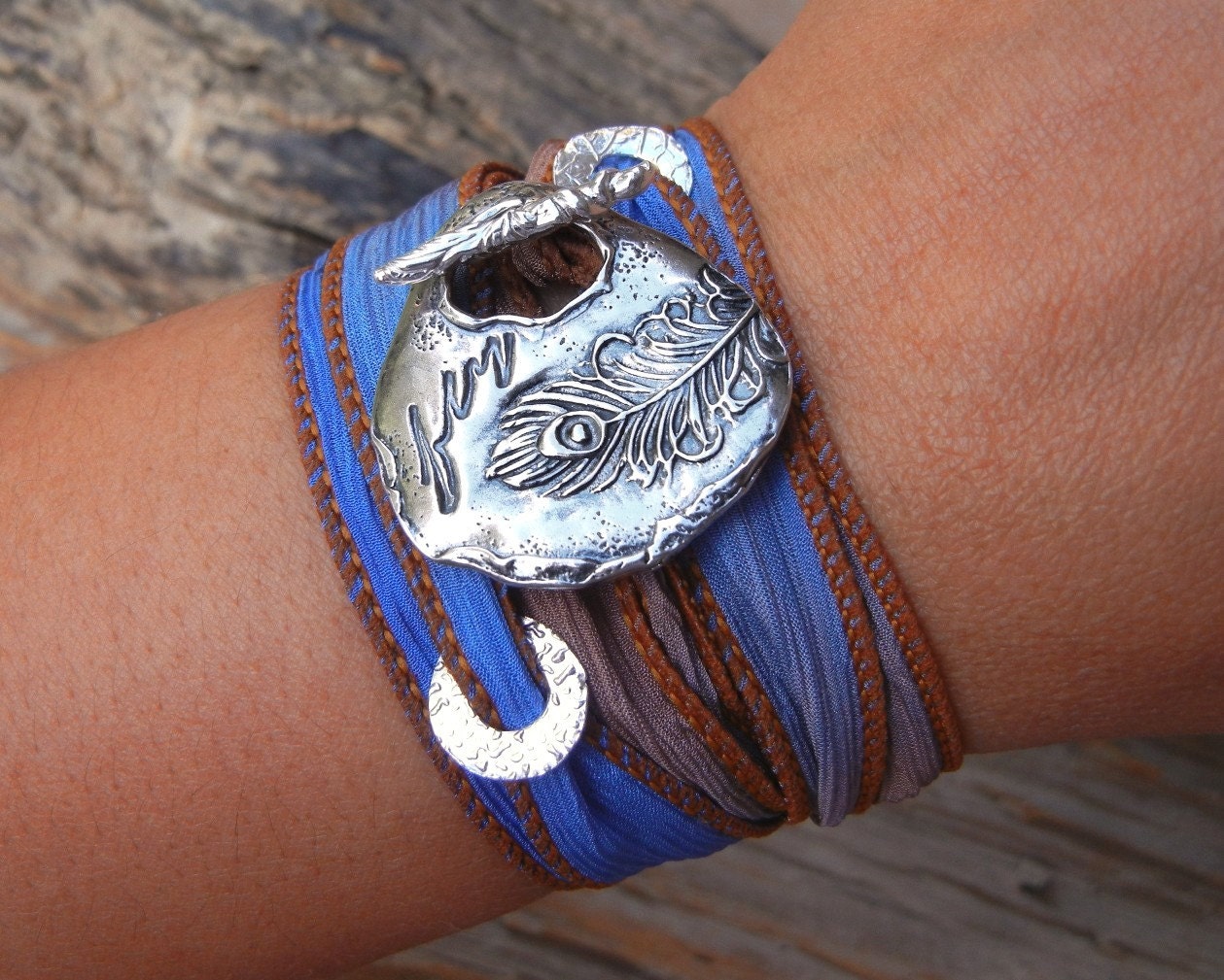 Lucky Peacock Feather Jewelry, Silk Ribbon Bracelet, Artisan STERLING Silver Toggle Clasp, Yoga Jewelry, Pretty Jewelry Gift for Her