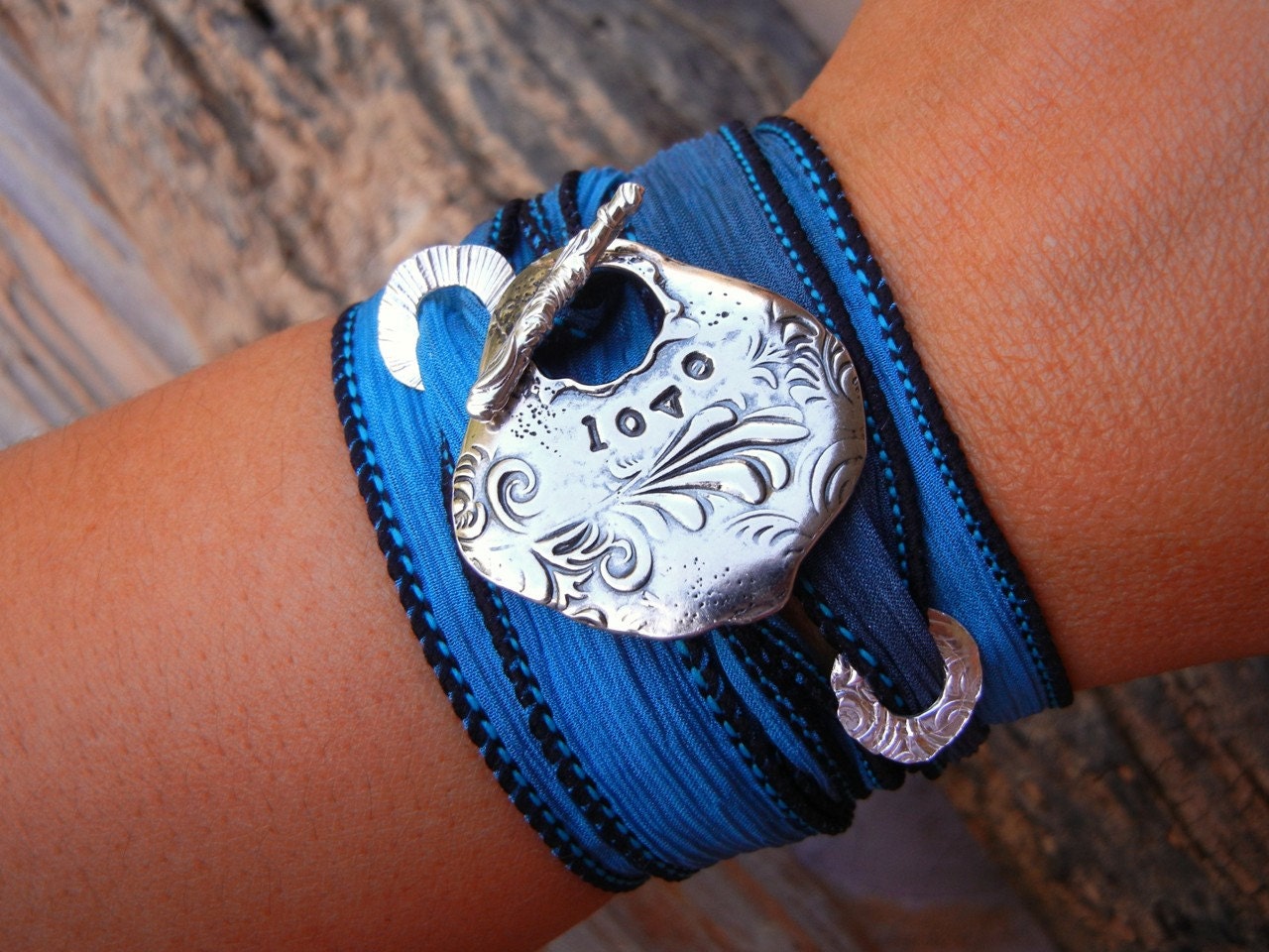 Handstamped Love Jewelry, STERLING SILVER Silk Ribbon Bracelet, Wrist Wrap, Yoga Jewelry Ribbon Bracelet, Hand Dyed Silk Ribbon, Any Color