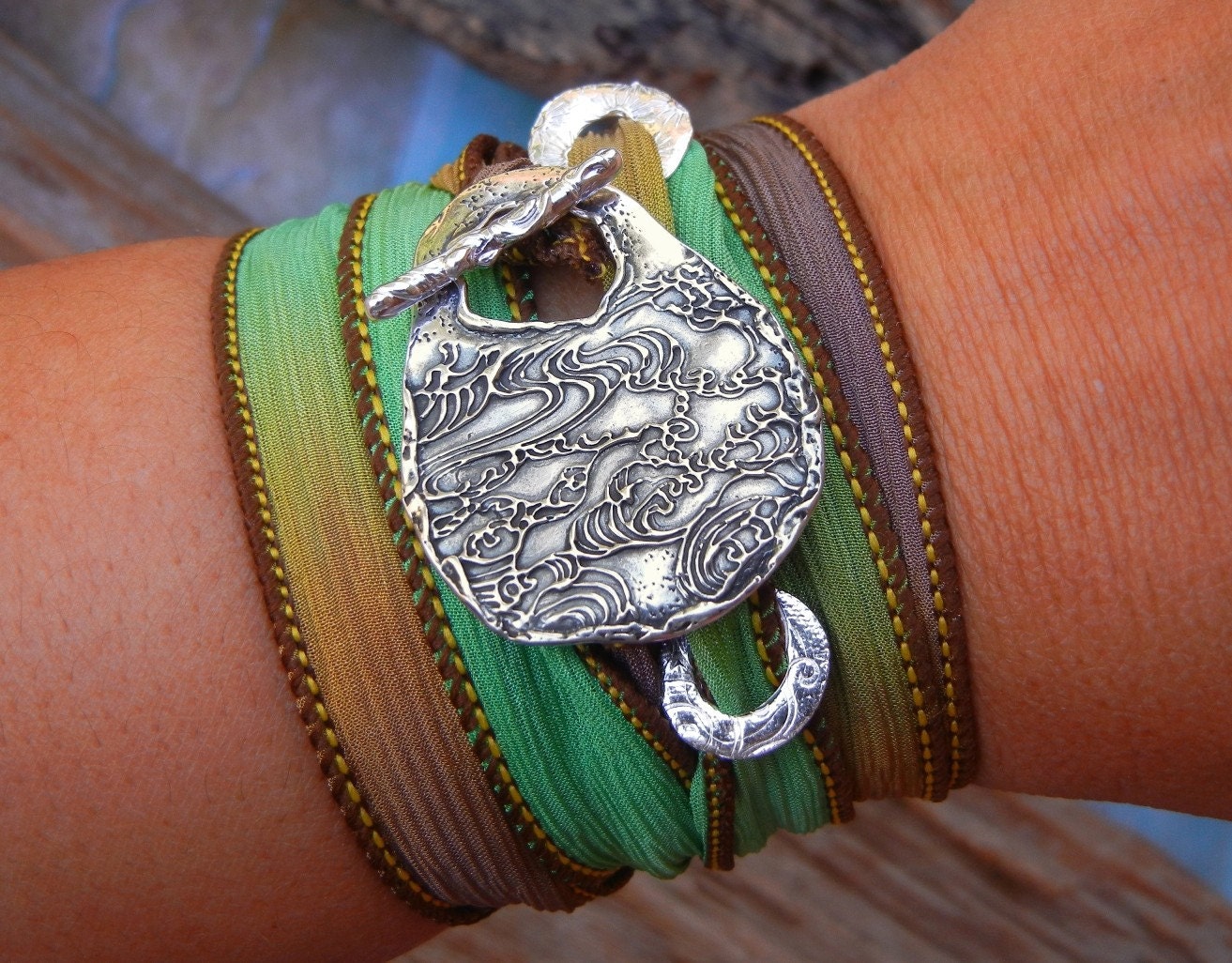 Hand Dyed Silk Ribbon Wrap Bracelet, Ocean Waves Bracelet, STERLING Silver Toggle Clasp, Any Color, Nautical Art Jewelry, READY to SHIP