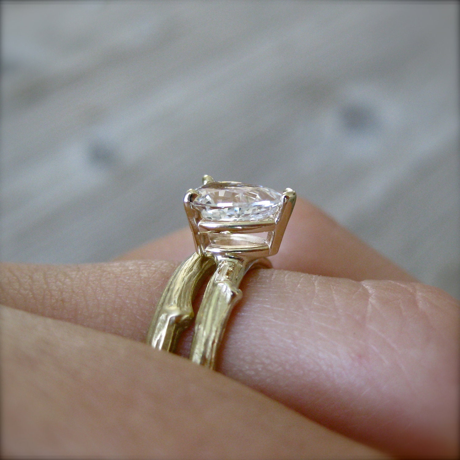 Pear White Sapphire Twig Ring in White or Yellow Gold