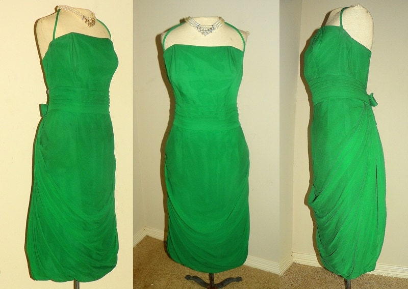 1950's Kelly Green SILK CHIFFON Heavily Draped RUCHED Dress Vintage 50's Bubble Hem Grecian Goddess Halter Bombshell Party Cocktail Dress