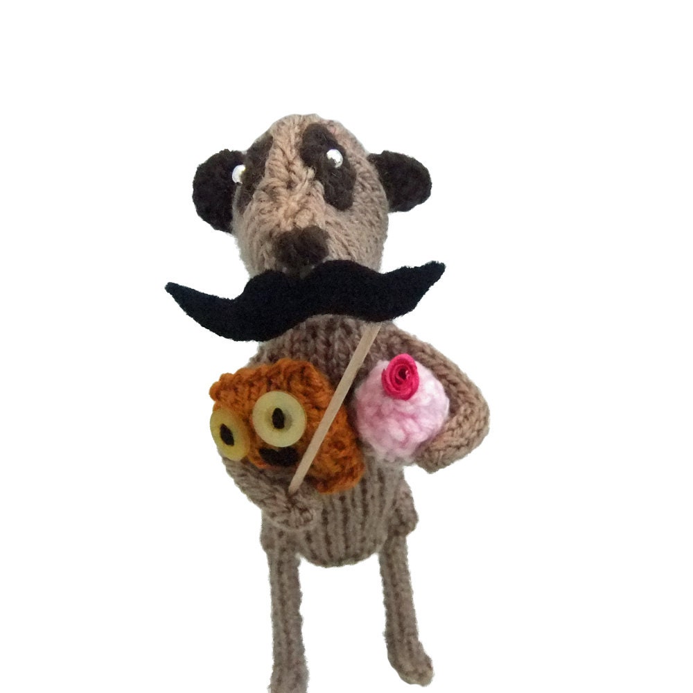 EtsyKat, knitted meerkat with mustache on a stick, miniature plush owl and strawberry cupcake